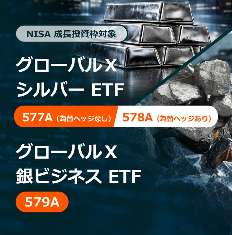 NISA 成長投資枠対象 グローバルX シルバー ETF 577A（為替ヘッジなし）578A（為替ヘッジあり）グローバルX 銀ビジネス ETF 579A